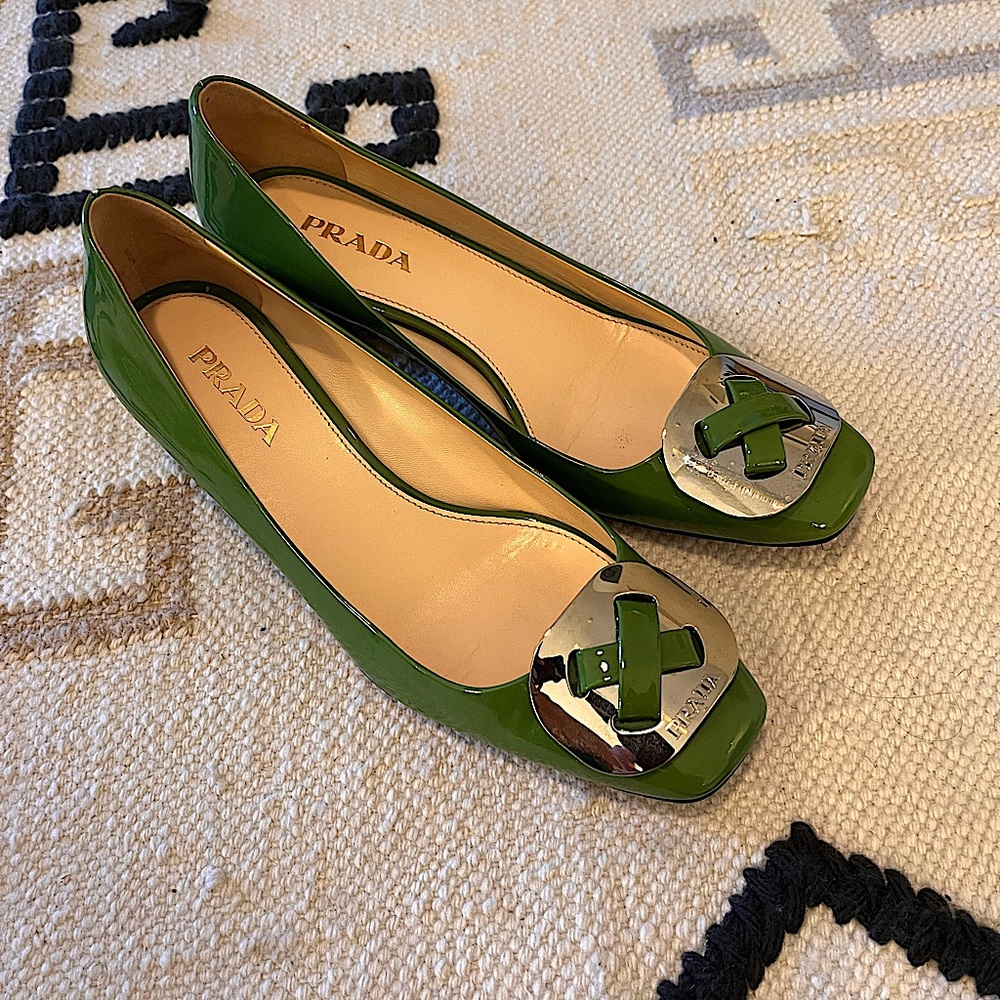 Vintage style patent leather green Prada loafers